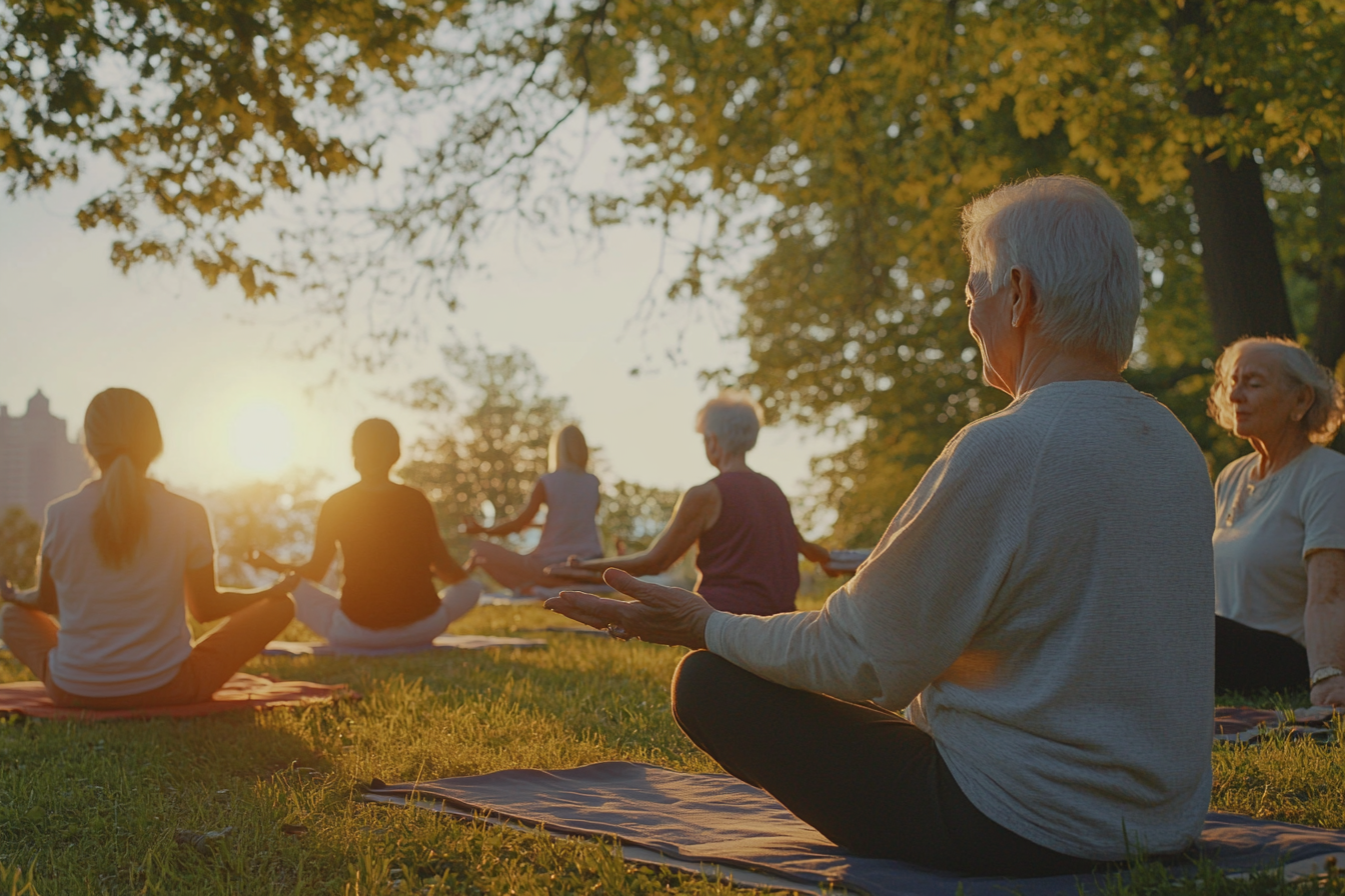 Възрастна жена практикува йога в гората